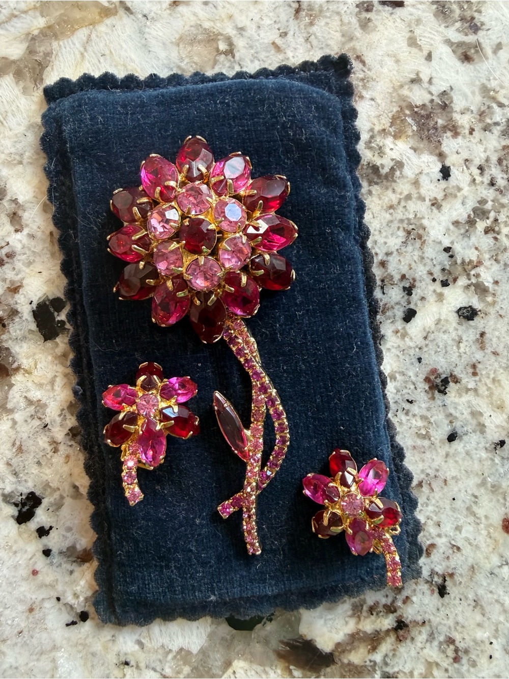 Vintage Red & Pink prong set Crystal Floral Brooch and Earring Set